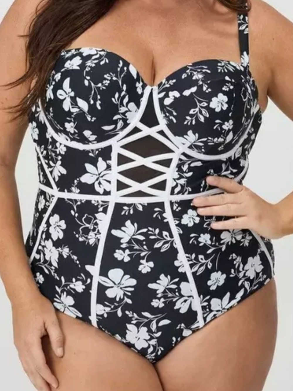 Torrid Black & White Floral Lace-Up One-Piece Swimsuit - Picture 3 of 5